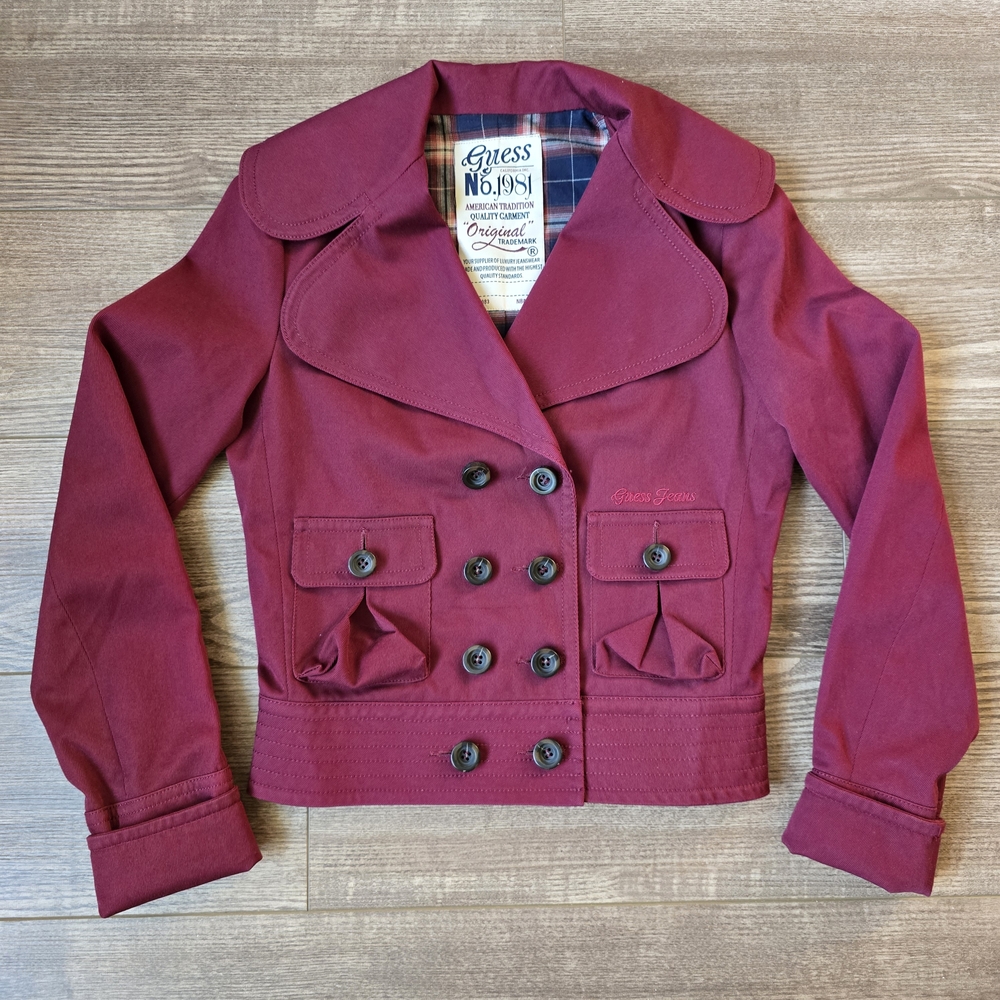 Vintage GUESS Jacket Womens S Burgundy Demin Moto Wide Collar 90s Streetwear Y2K